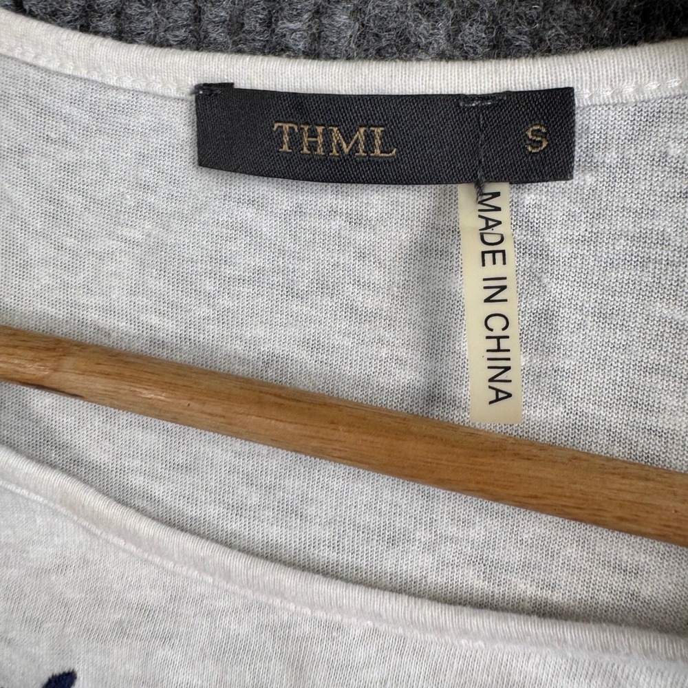 THML Top Womens S White Blue Embroidered Mixed Media Boho Coastal Chic‎ Blouse - Picture 4 of 9